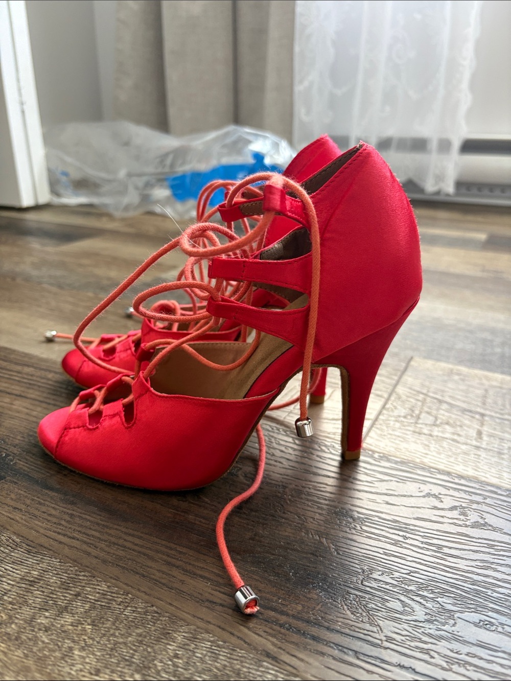 Burju Red Lace-Up Stiletto Heels